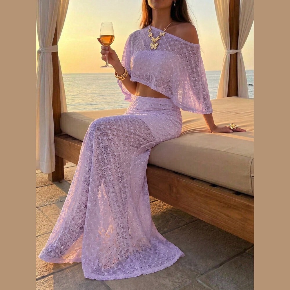 Lavender Lace Asymmetrical Off Shoulder Crop Top Maxi Skirt Set